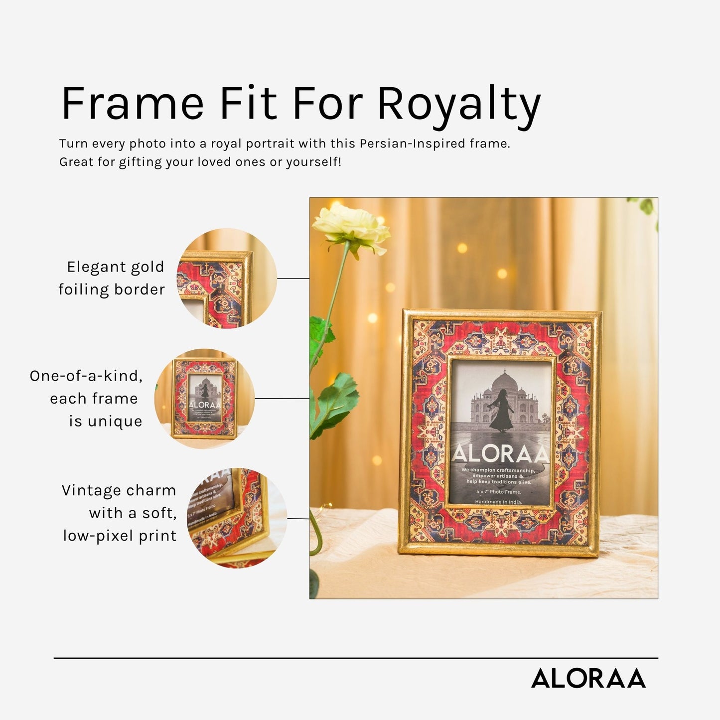 Multi-coloured Handcrafted Persian-inspired Photo Frame with Rustic Gold Finish