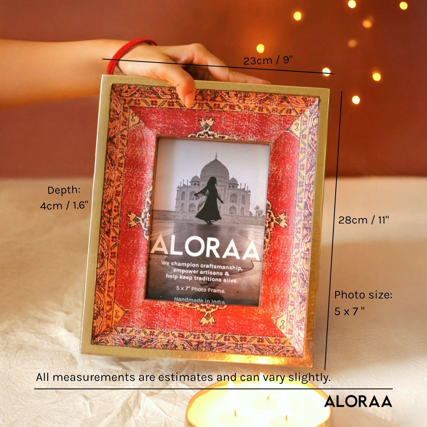 Red Handcrafted Persian-inspired Photo Frame with Rustic Gold Finish