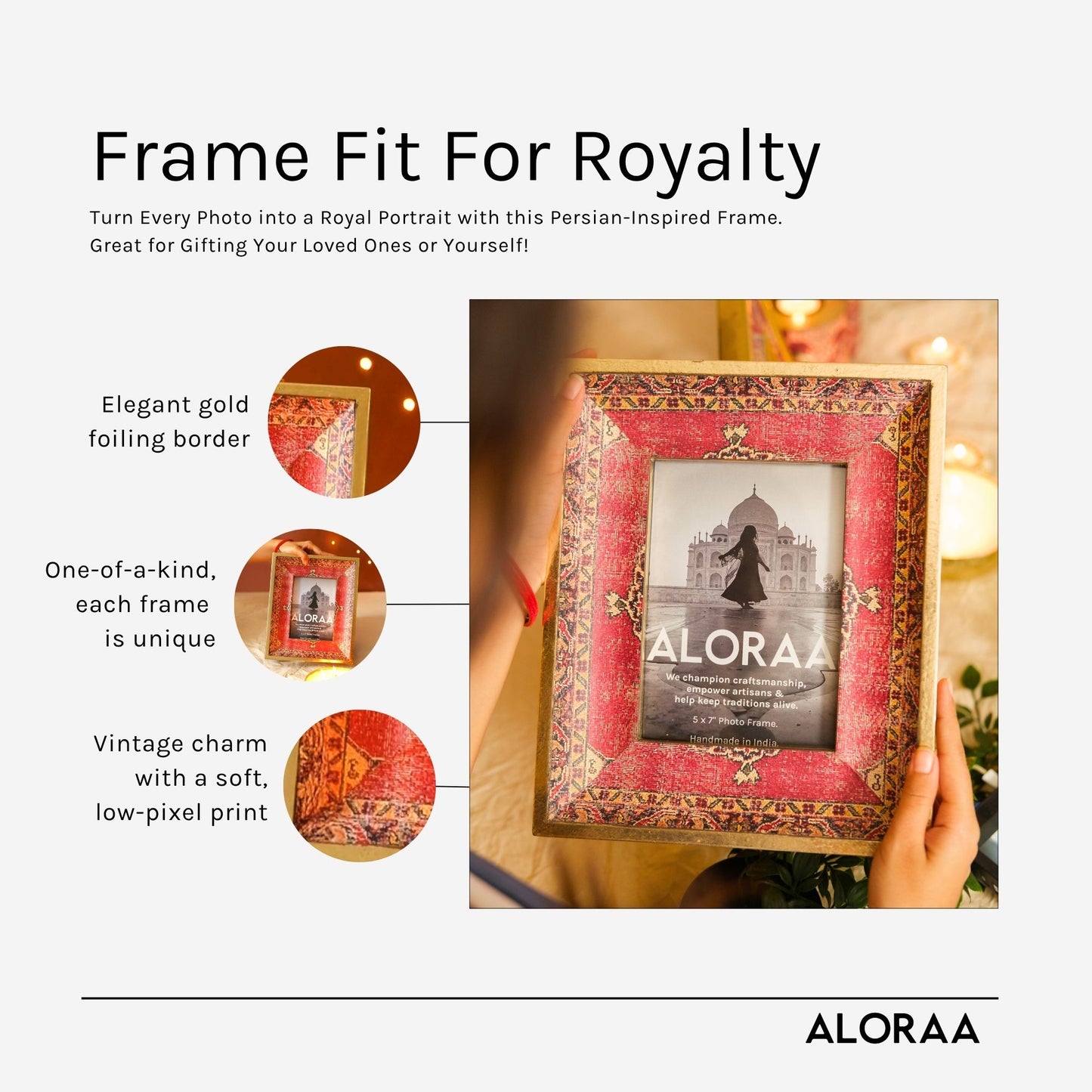 Red Handcrafted Persian-inspired Photo Frame with Rustic Gold Finish