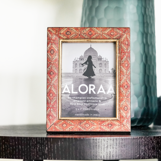 Red Handcrafted Geometric and Persian-inspired Photo Frame with Rustic Gold Finish