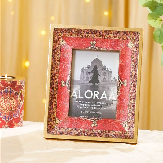 Red Handcrafted Persian-inspired Photo Frame with Rustic Gold Finish