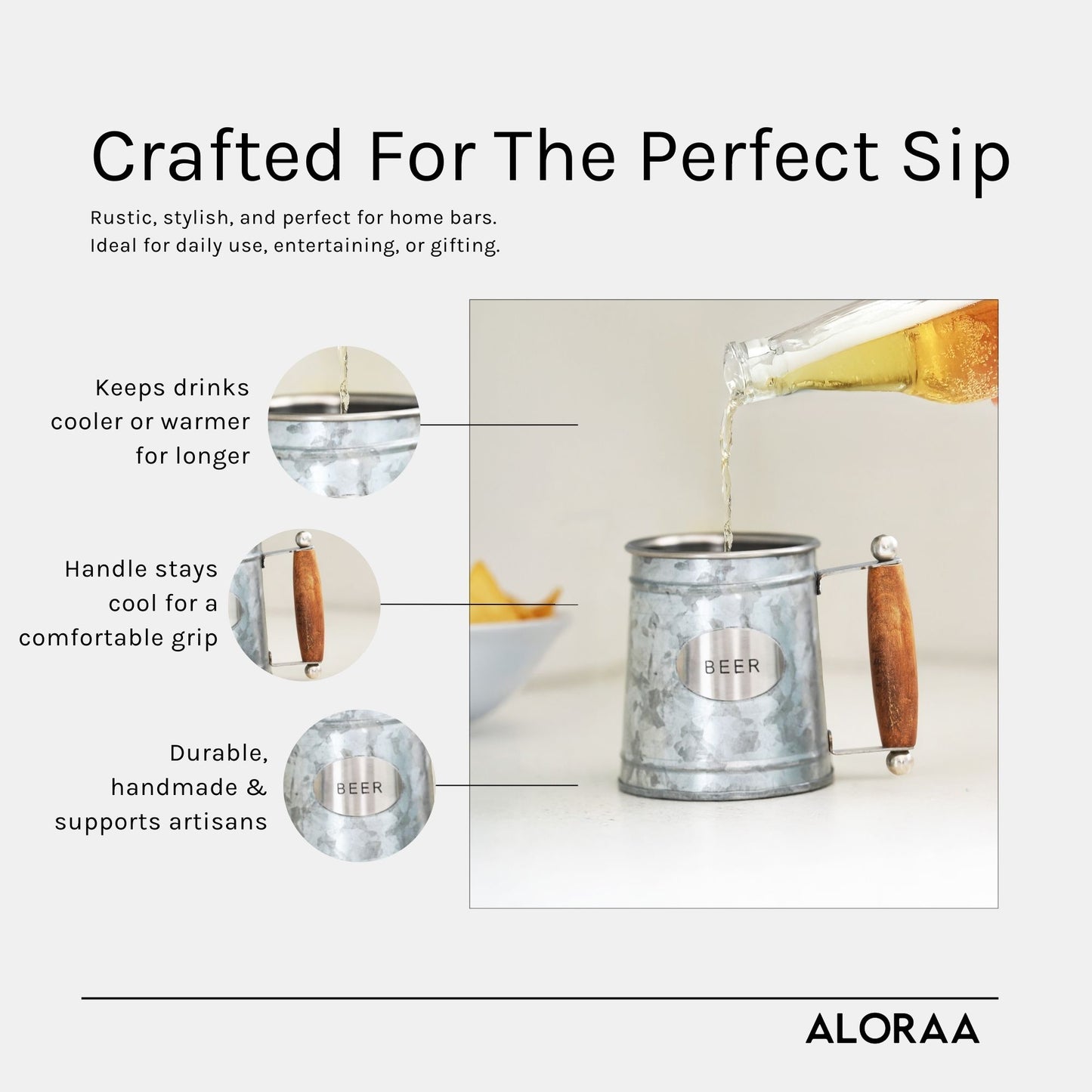 Handmade Insulated Stainless Steel Beer Mug with Wooden Handle