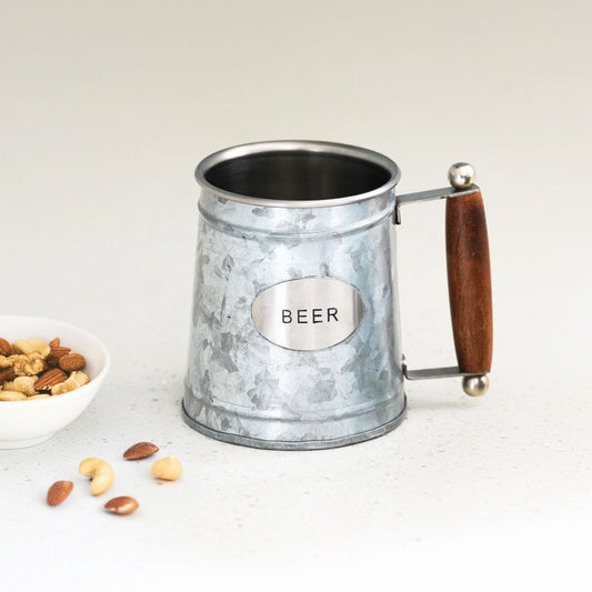 Handmade Insulated Stainless Steel Beer Mug with Wooden Handle