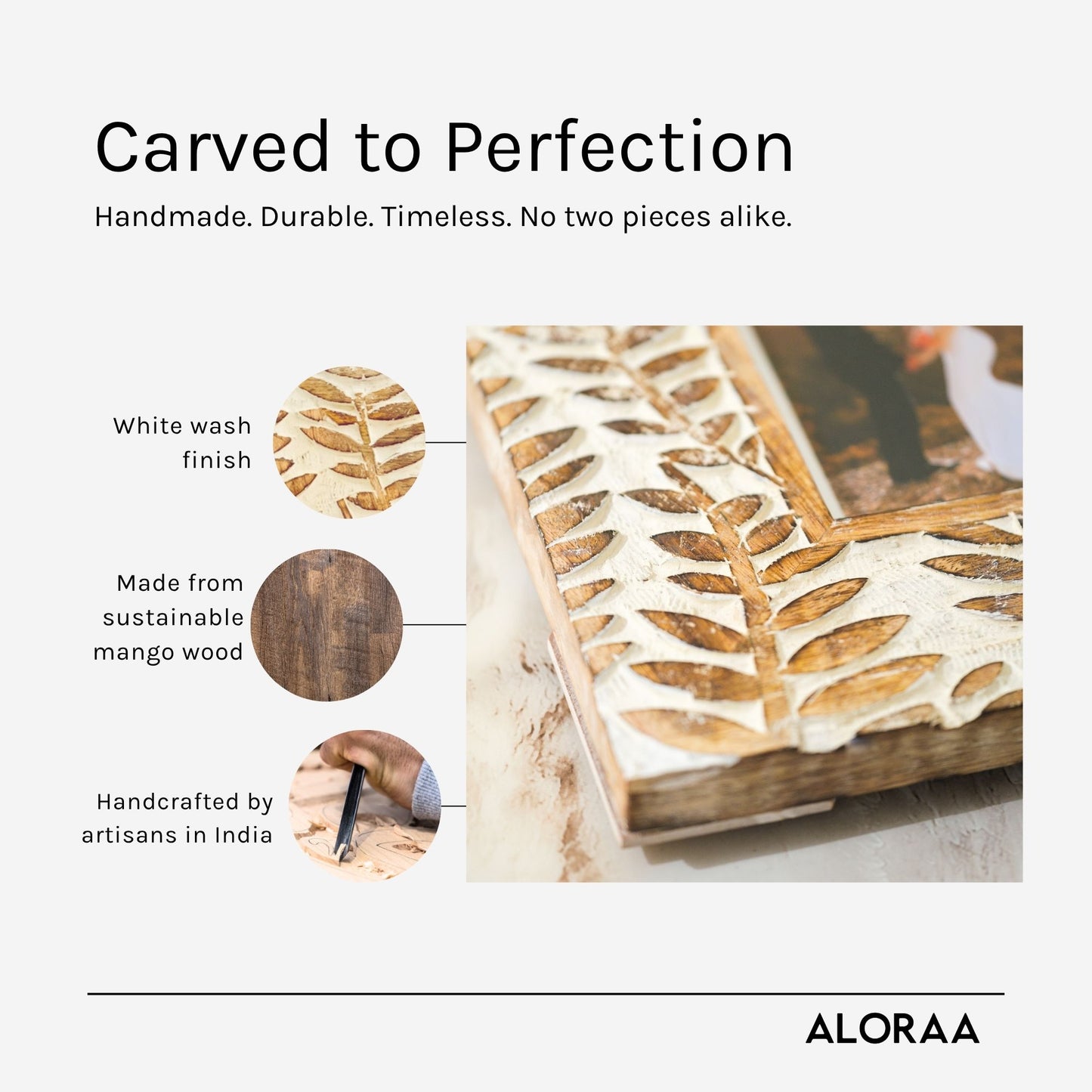 Hand Carved White-Washed Leaf Photo Frame