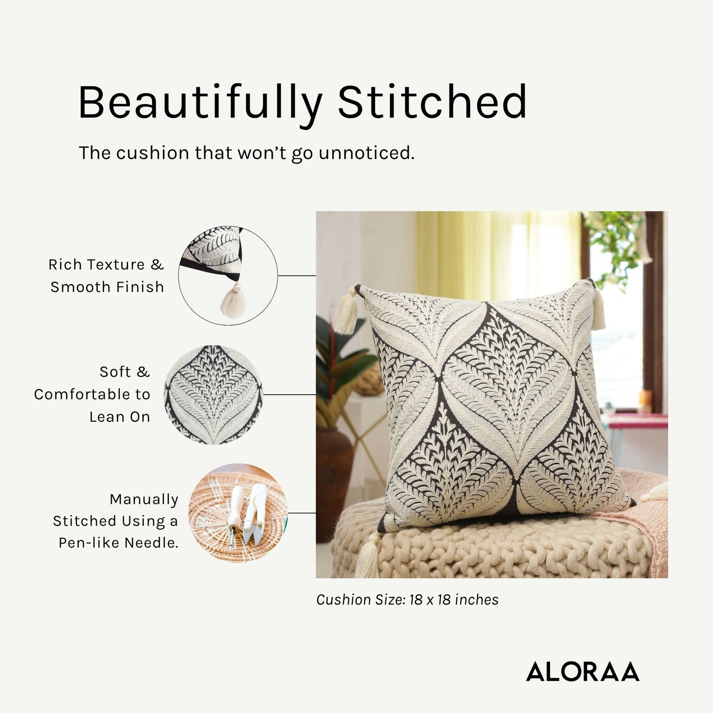 Artisanal Embroidered Cushion Cover with Tassels