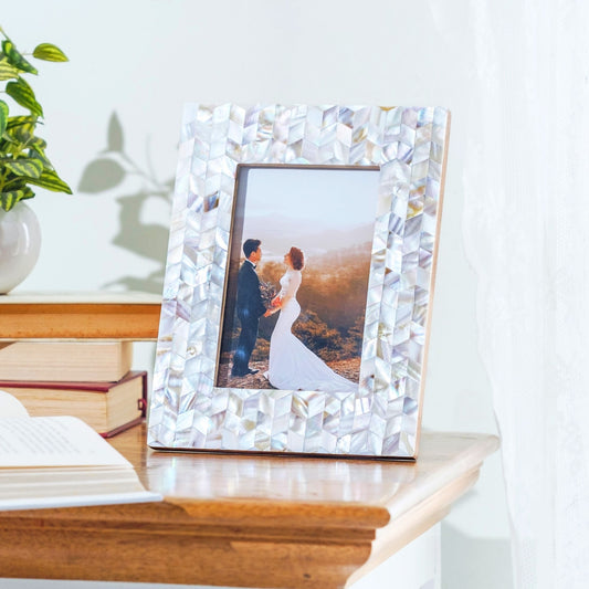 Chevron mother of pearl photo frame on wooden table with wedding photo, handcrafted design inspired by Seengh Ka Kaam