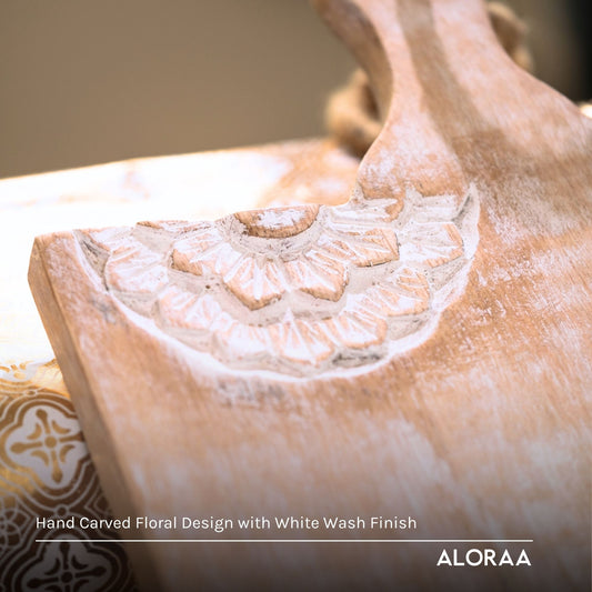 Hand carved wooden chopping board with floral design and white wash finish by ALORAA.co.uk