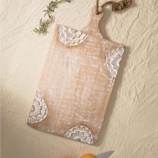 ALORAA hand carved wooden chopping board with decorative white floral carvings and rope handle