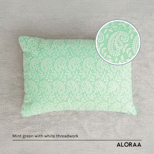 Mint green paisley cushion cover with white threadwork from ALORAA.co.uk