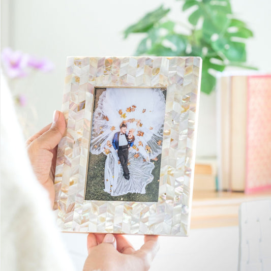 Chevron Mother of Pearl Photo Frame — close-up of handcrafted detail | ALORAA