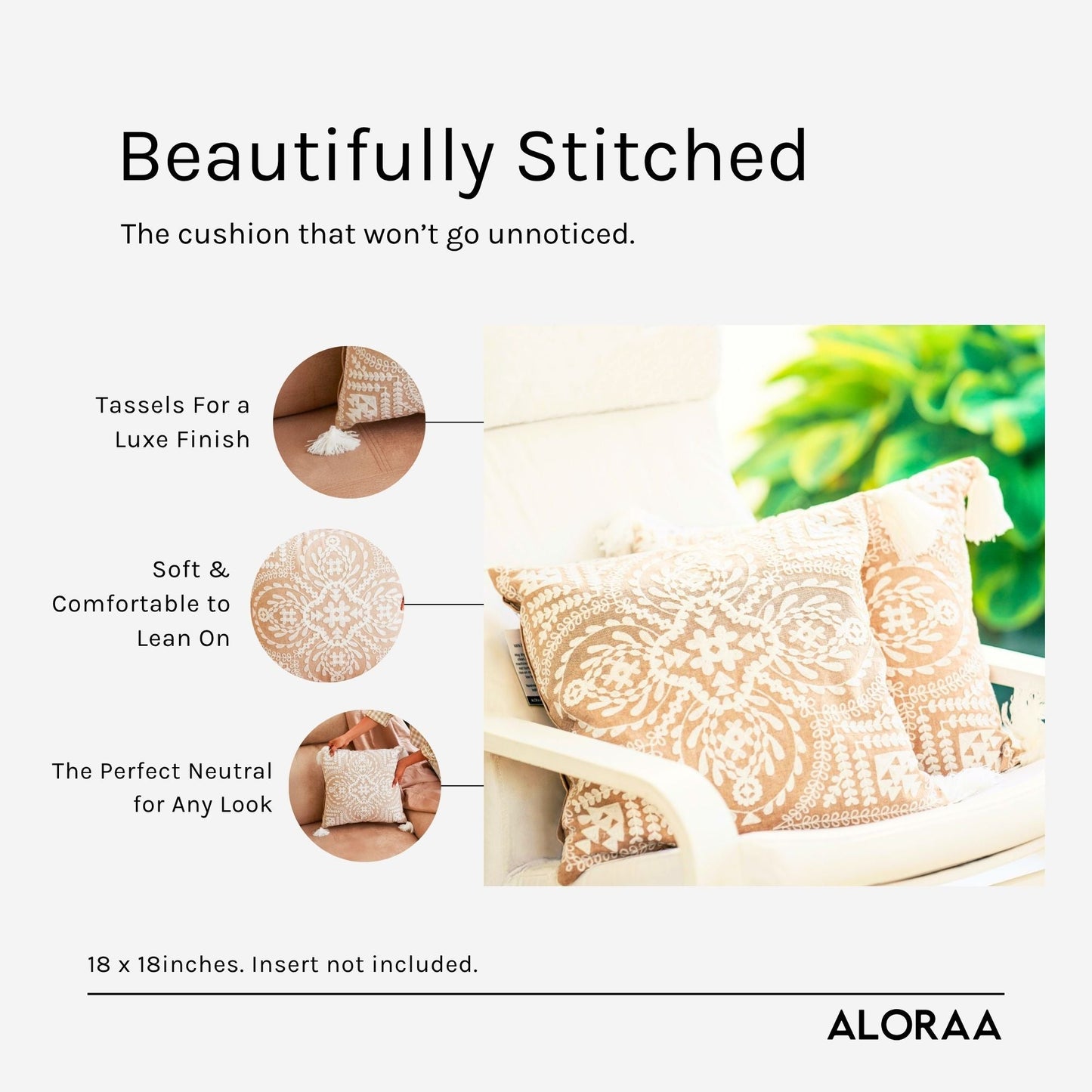 Floral Embroidered Cushion Cover with Tassels — handcrafted details and features | ALORAA