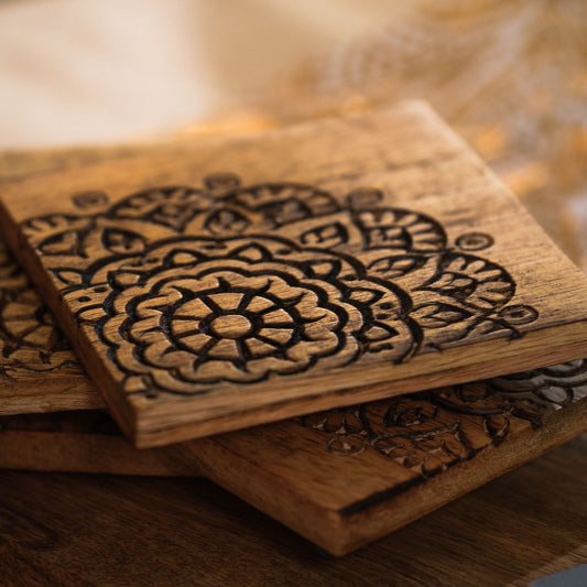 Hand Carved Mandala Coasters set of 4 — handcrafted by skilled Indian artisans | ALORAA