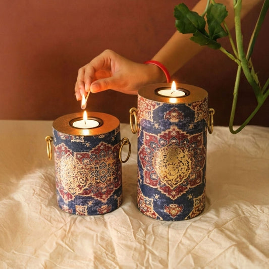 Handcrafted Persian-inspired Tealight Candle Holders with Rustic Gold Finish (Set of 2)