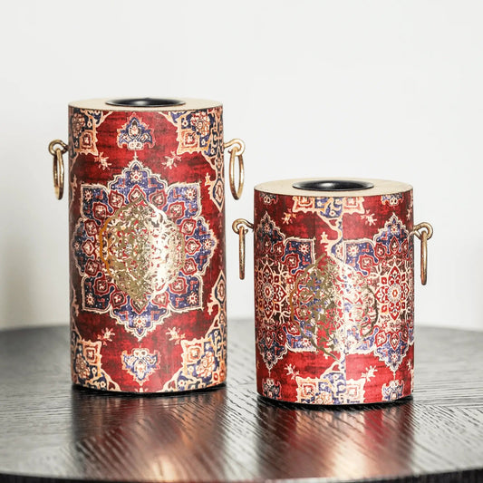 Persian-inspired Tealight Candle Holders in red, set of 2, handcrafted rustic gold finish | ALORAA