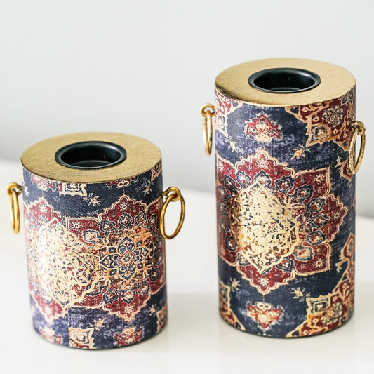 Persian-inspired Tealight Candle Holders in blue, set of 2, handcrafted rustic gold finish | ALORAA