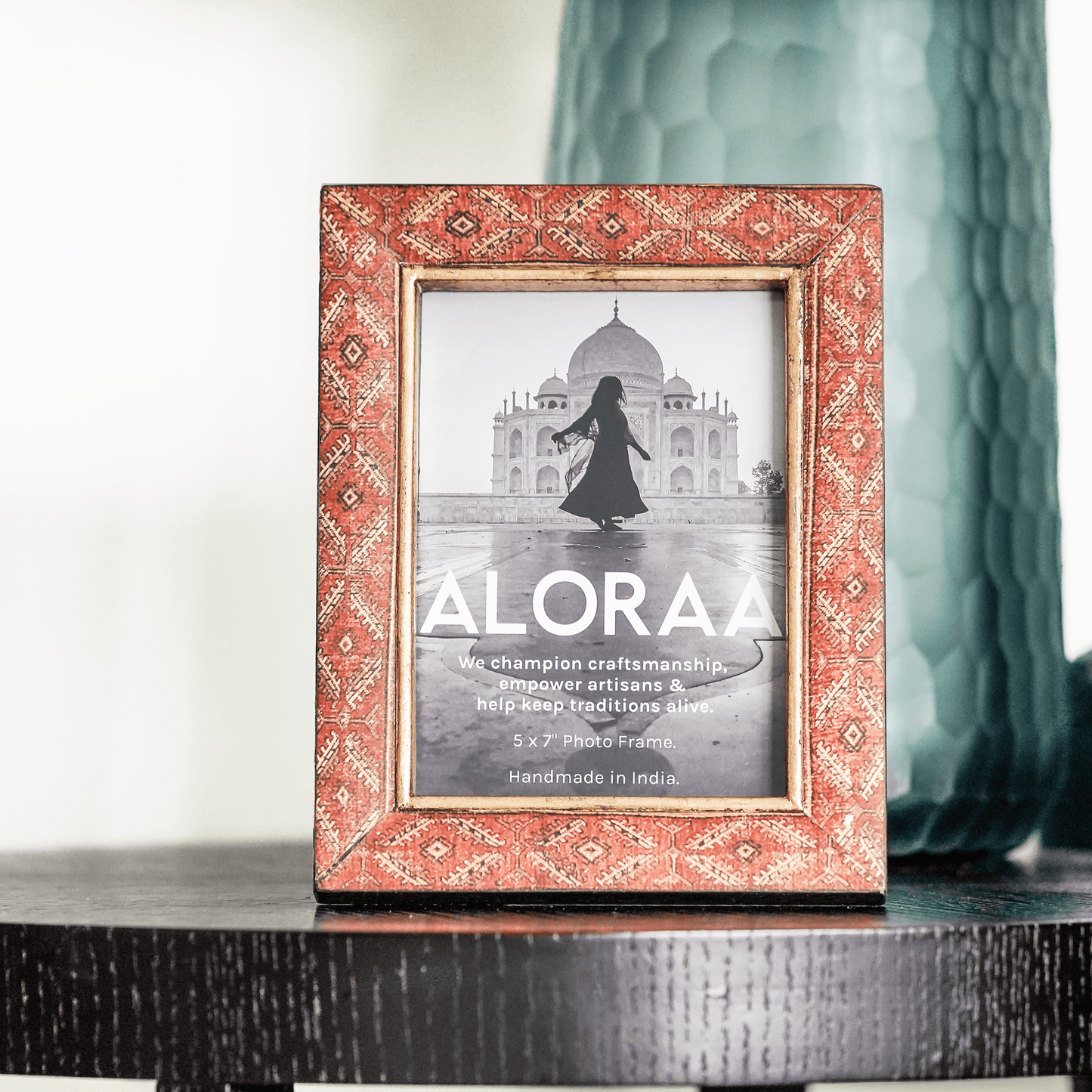 Red Handcrafted Geometric Persian-inspired Photo Frame in red | ALORAA handcrafted Indian gift
