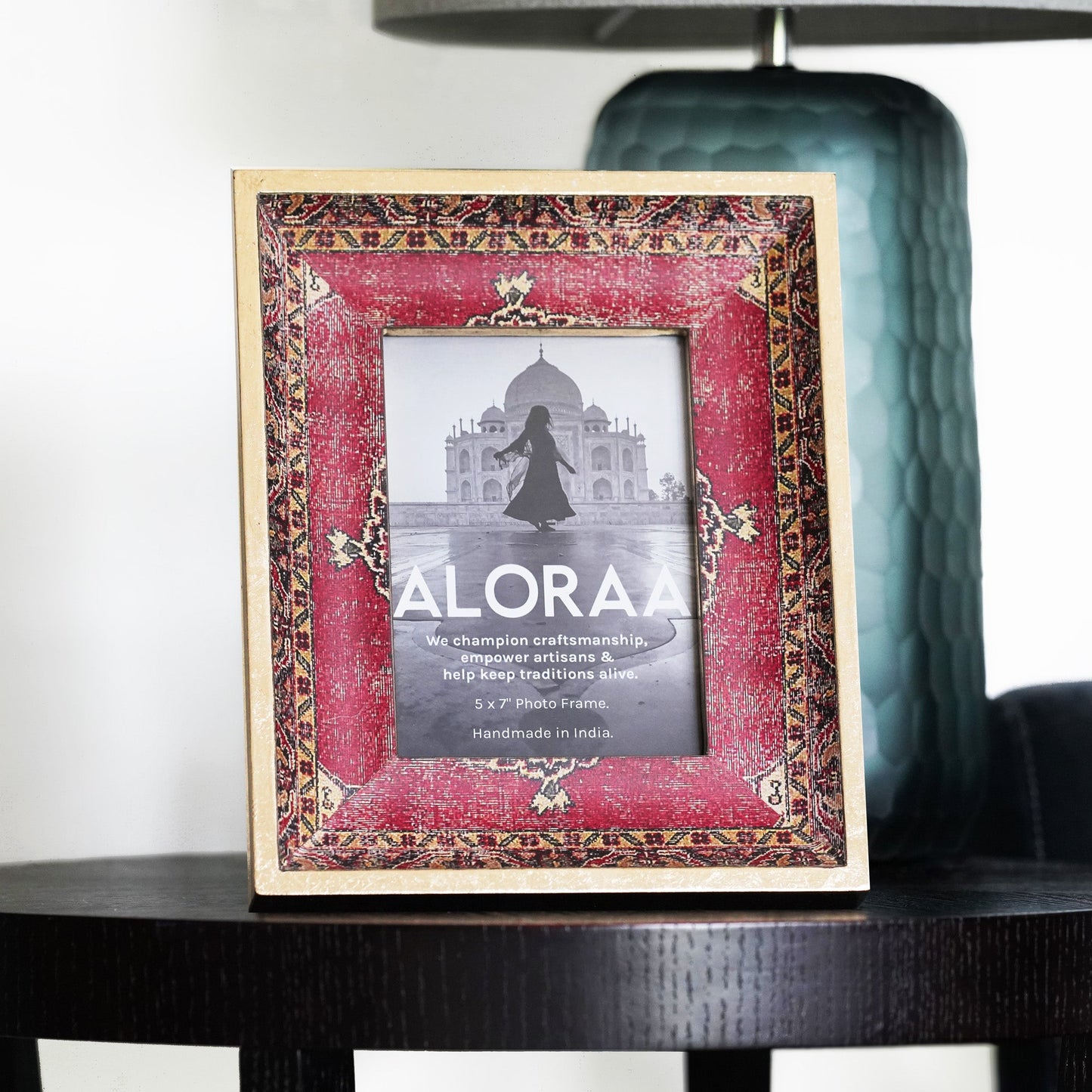 Red Handcrafted Persian-inspired Photo Frame — styled and in use | ALORAA