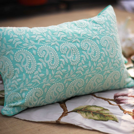 ALORAA.co.uk blue paisley cushion cover with intricate white embroidery on fabric