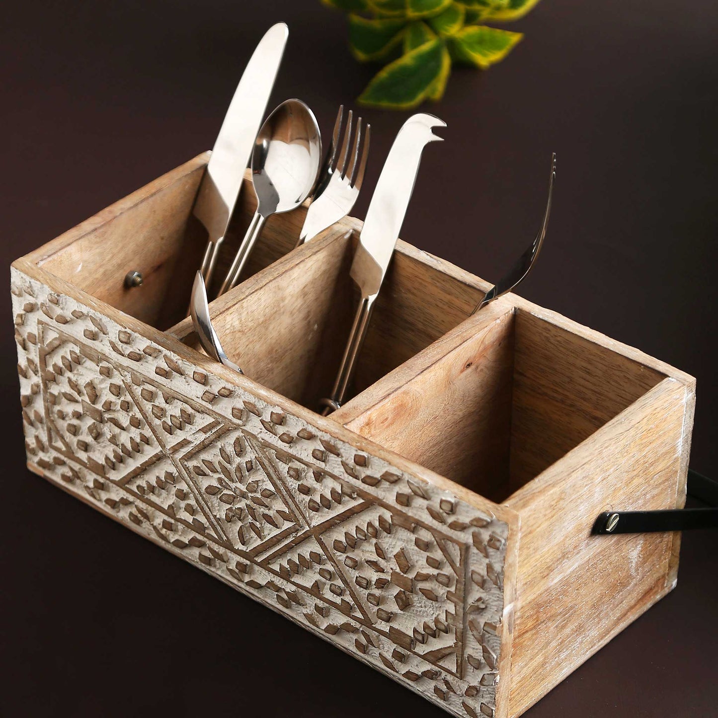 Hand Carved Decorative Stand with Handle — handcrafted Indian gift | ALORAA