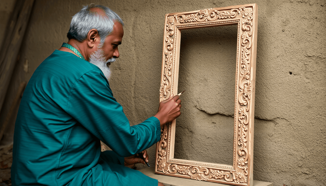 Indian artisan carving a frame