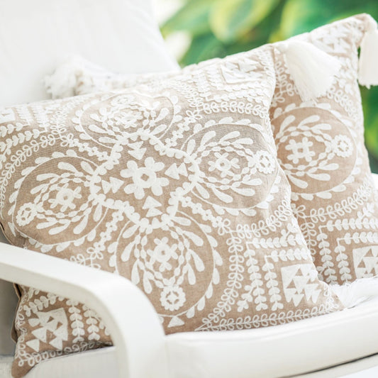 Floral Embroidered Cushion Cover with Tassels