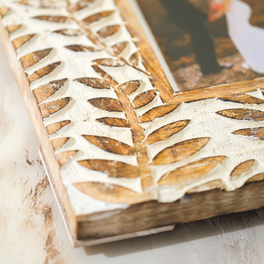 Hand Carved White-Washed Leaf Photo Frame