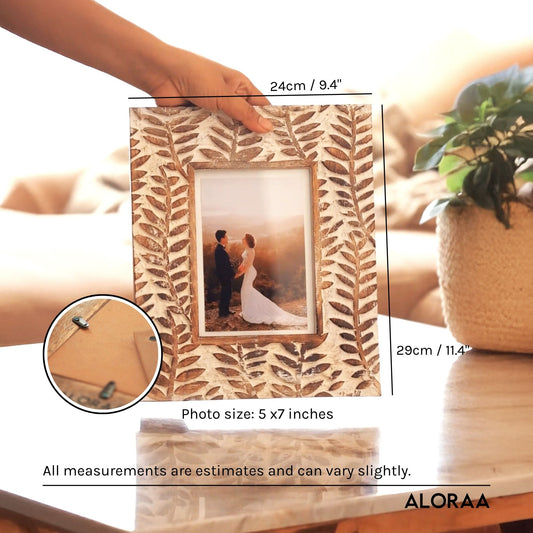 Hand Carved White-Washed Leaf Photo Frame