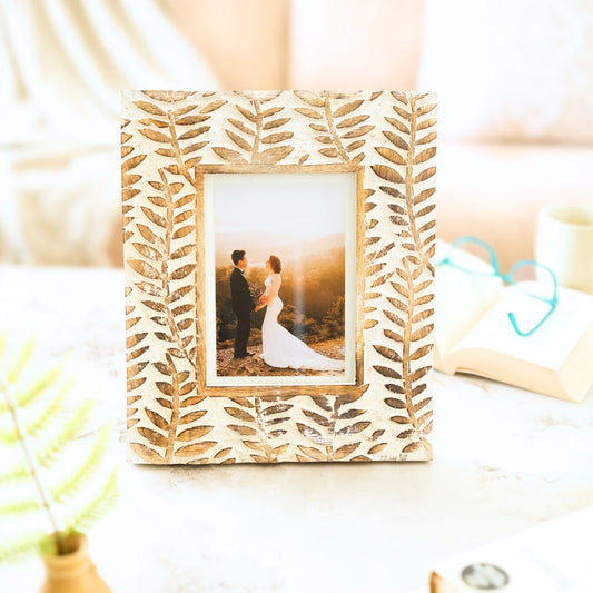 Hand Carved White-Washed Leaf Photo Frame