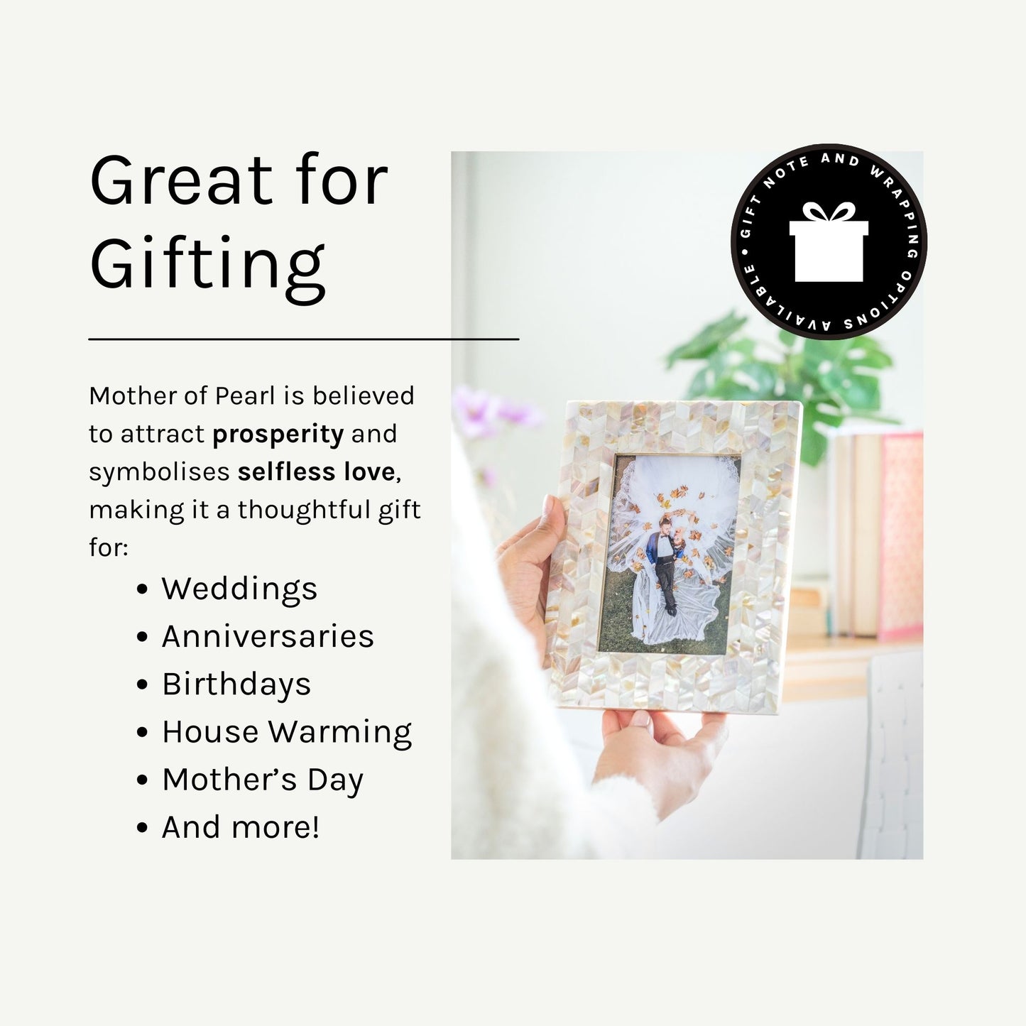 Chevron Mother of Pearl Frame is great for gifting.  Mother of Pearl is believed to attract prosperity and symbolises selfless love, making it a thoughtful gift for: weddings, anniversaries, birthdays, housewarming, Mother's day and more