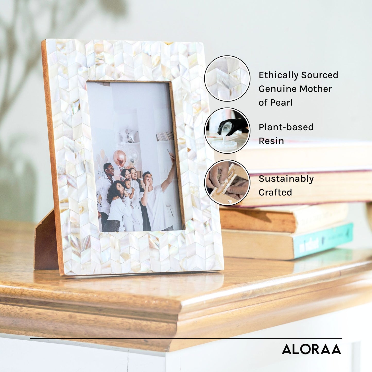 1. Ethically-sourced genuine Mother of Pearl.
2. Made from plant-based resin
3. Sustainably crafted