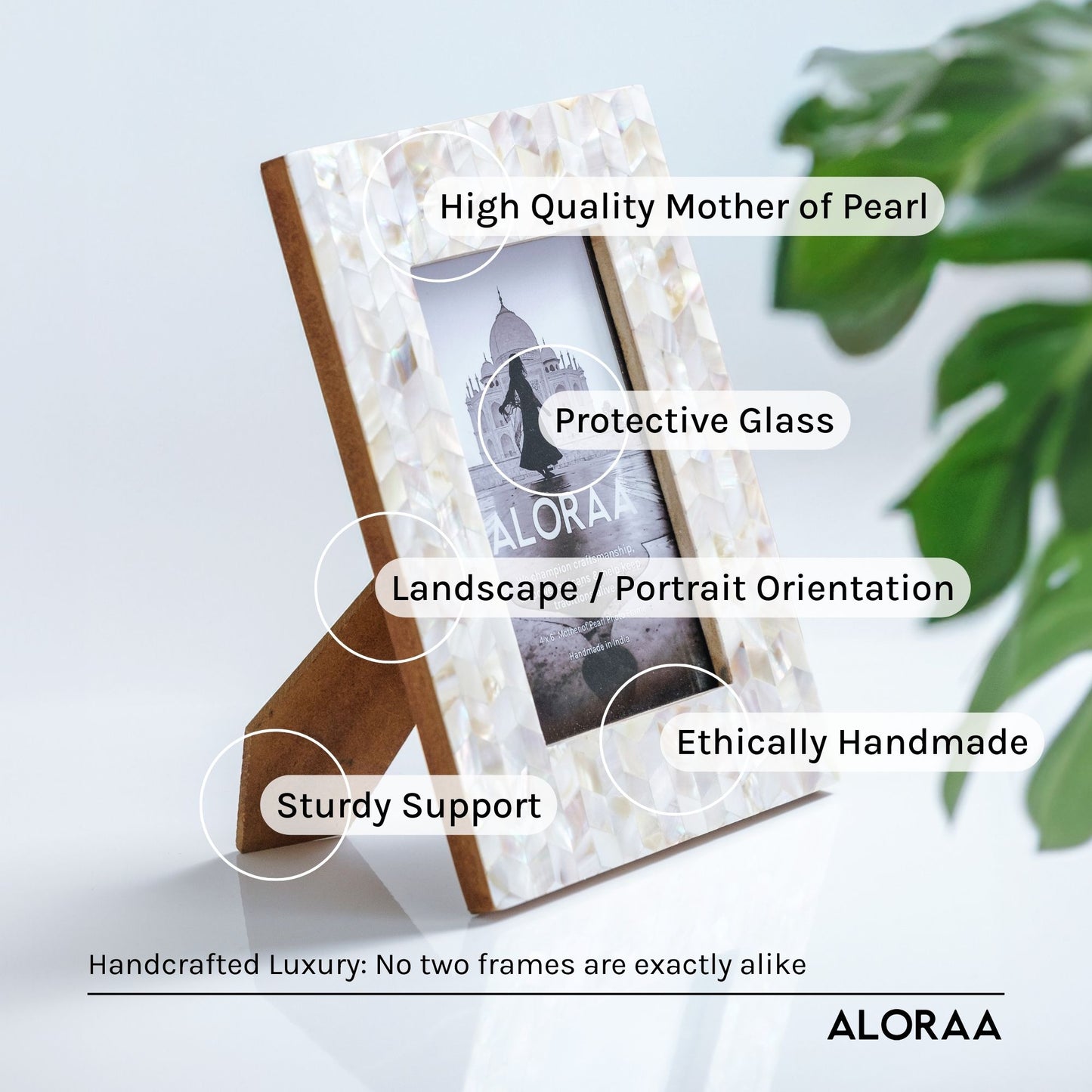 High quality mother of pearl. Includes protective glass. Supports landscape / portrait orientation. Ethically handmade. Sturdy support. Handcrafted luxury: no two frames are exactly alike.