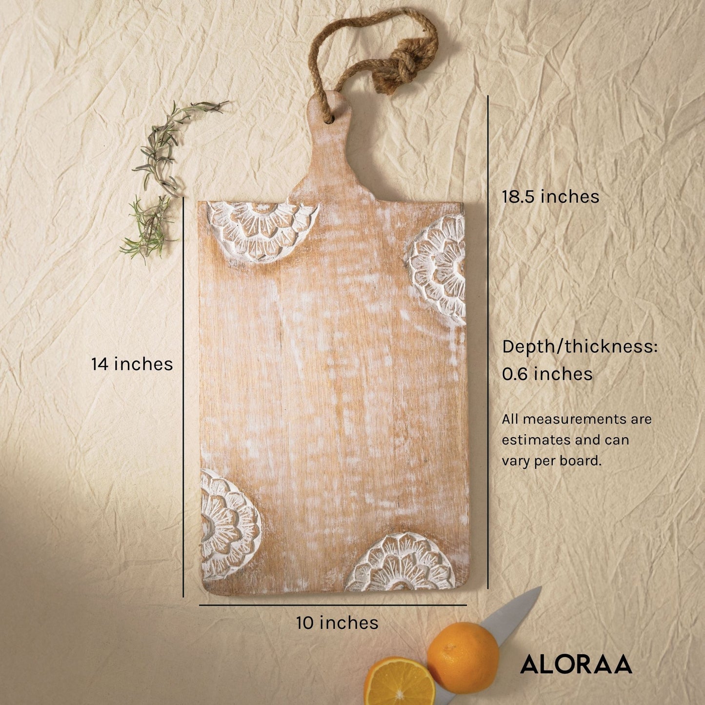 Hand carved wooden chopping board with decorative floral patterns and rope handle by ALORAA.co.uk