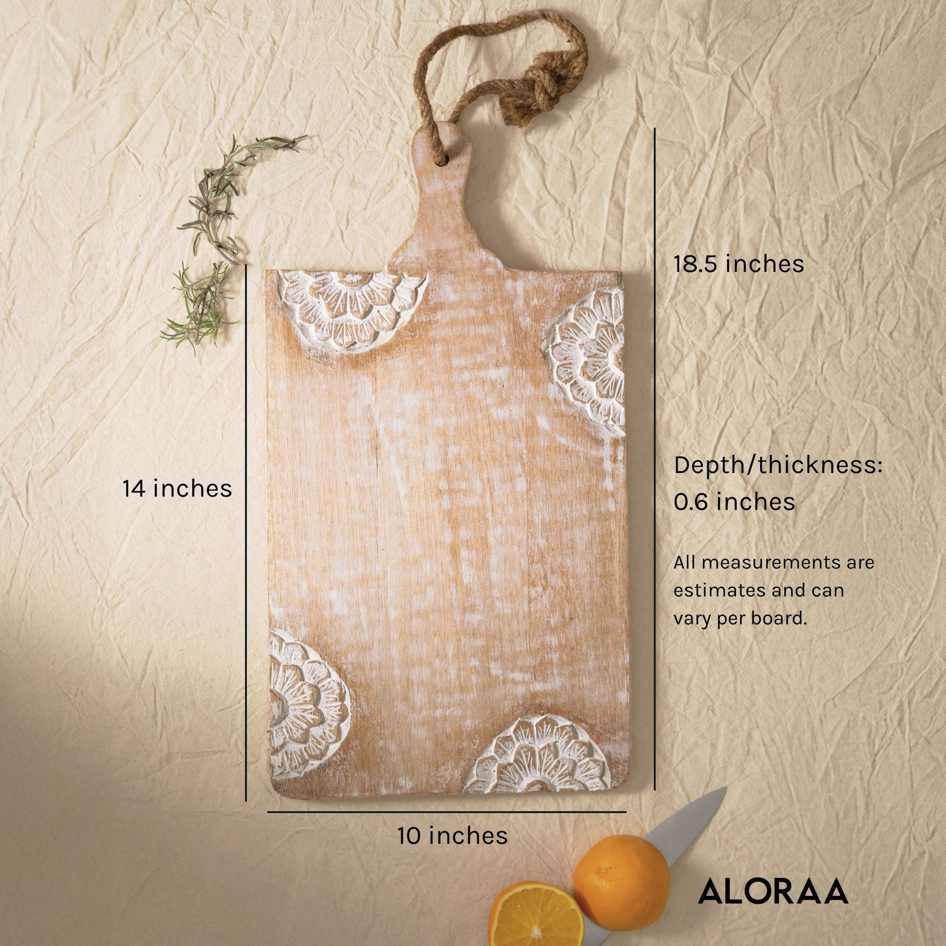 Hand carved wooden chopping board with decorative floral patterns and rope handle by ALORAA.co.uk