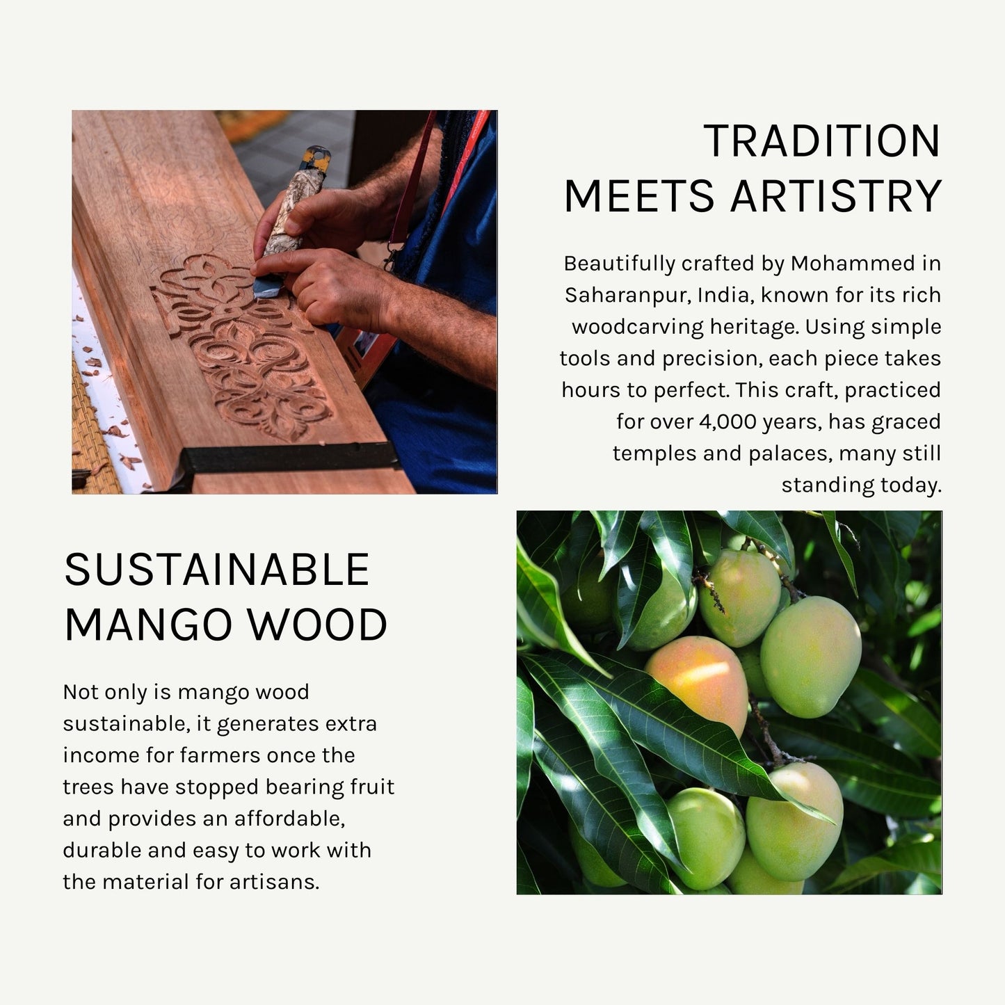 Hand carved wooden chopping board made from sustainable mango wood, showcasing traditional craftsmanship