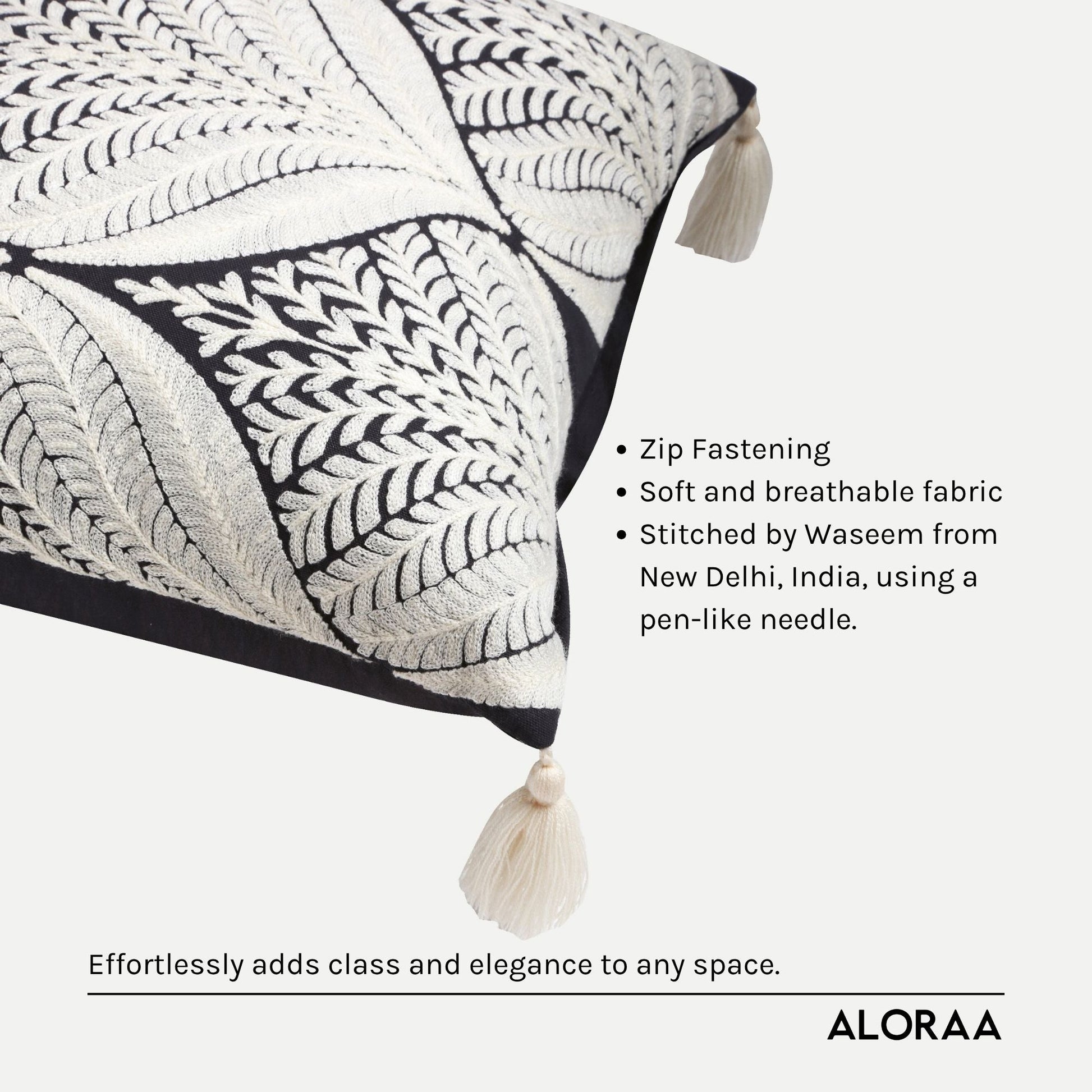 Artisanal Embroidered Cushion Cover with Tassels — styled and in use | ALORAA