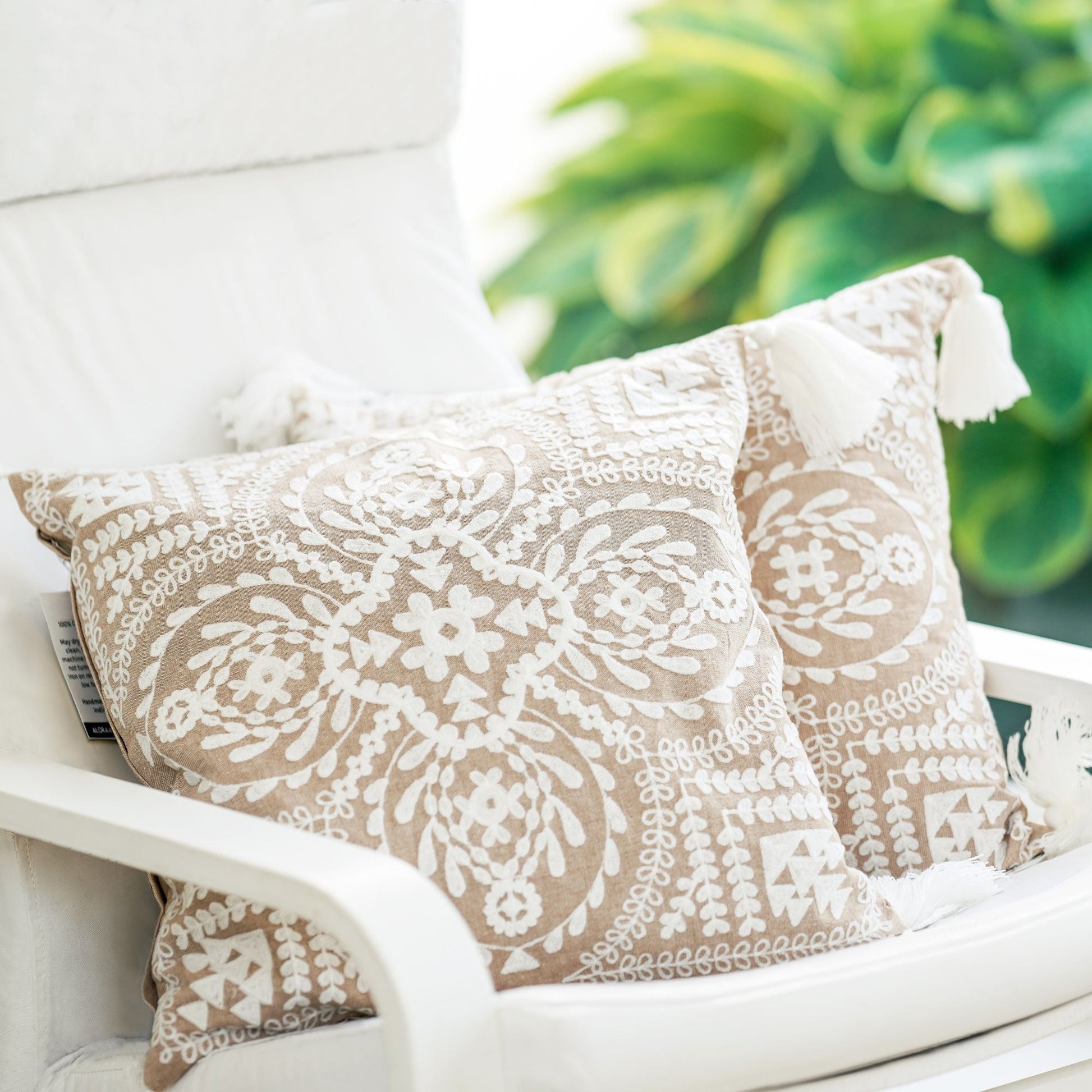 Floral Embroidered Cushion Cover with Tassels — styled and in use | ALORAA