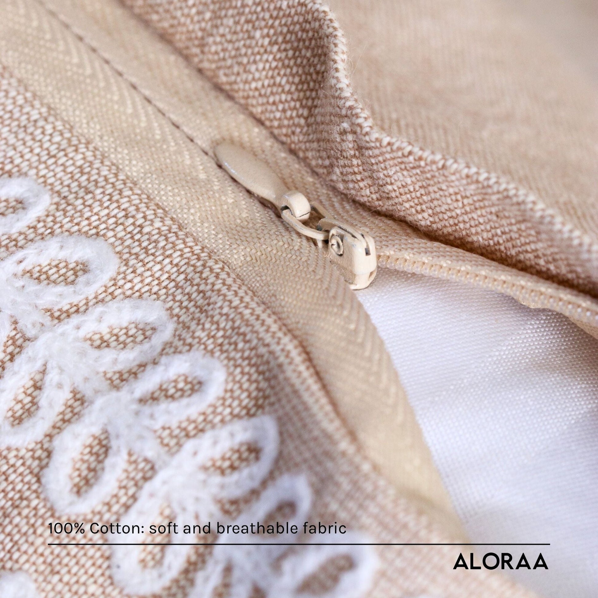 Floral Embroidered Cushion Cover with Tassels — close-up of handcrafted embroidery detail | ALORAA