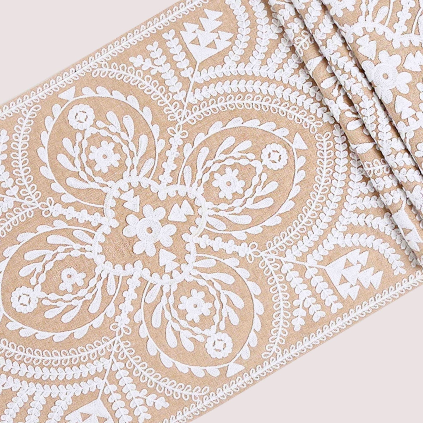 Floral Embroidered Table Runner with Tassels — close-up of handcrafted detail | ALORAA