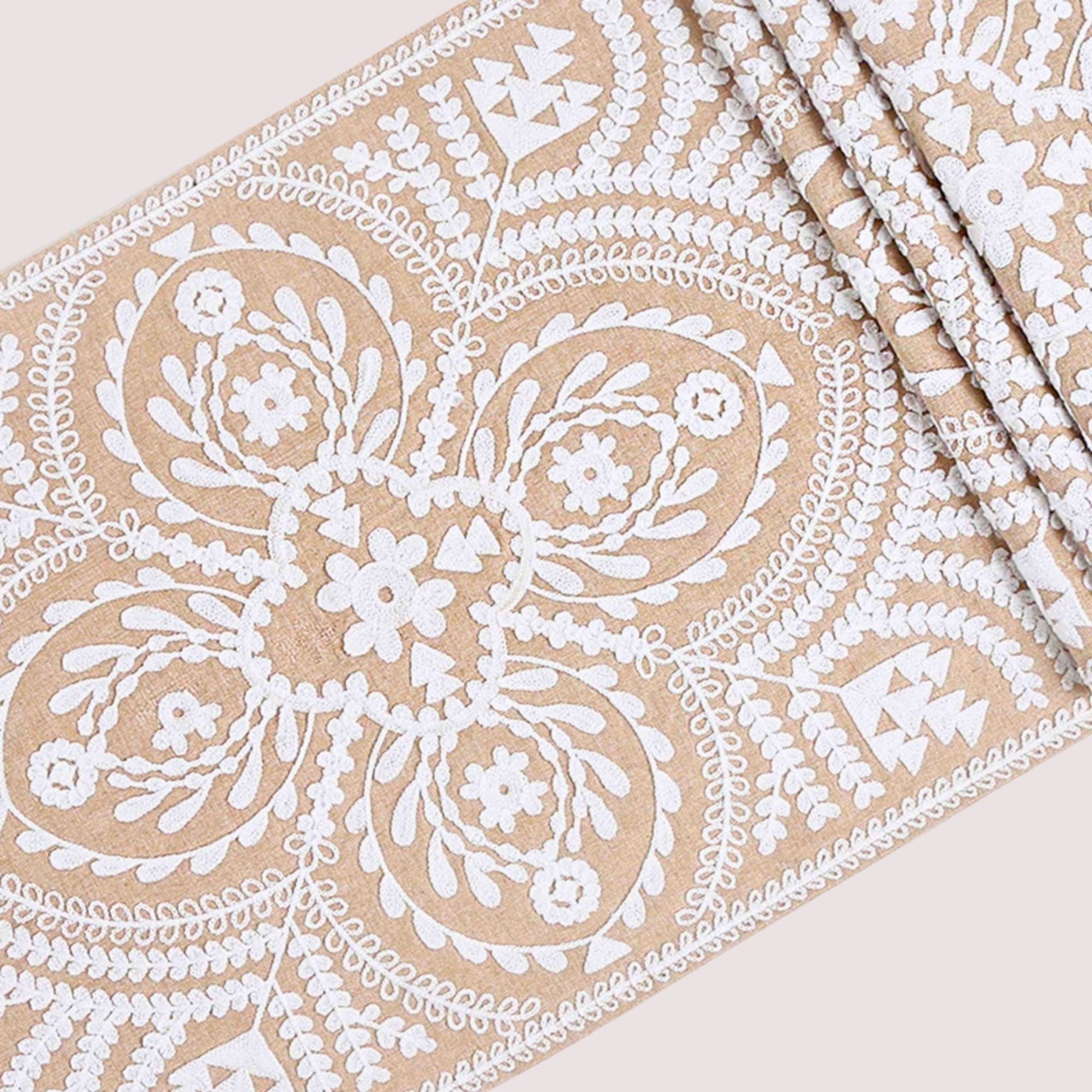 Floral Embroidered Table Runner with Tassels — close-up of handcrafted detail | ALORAA
