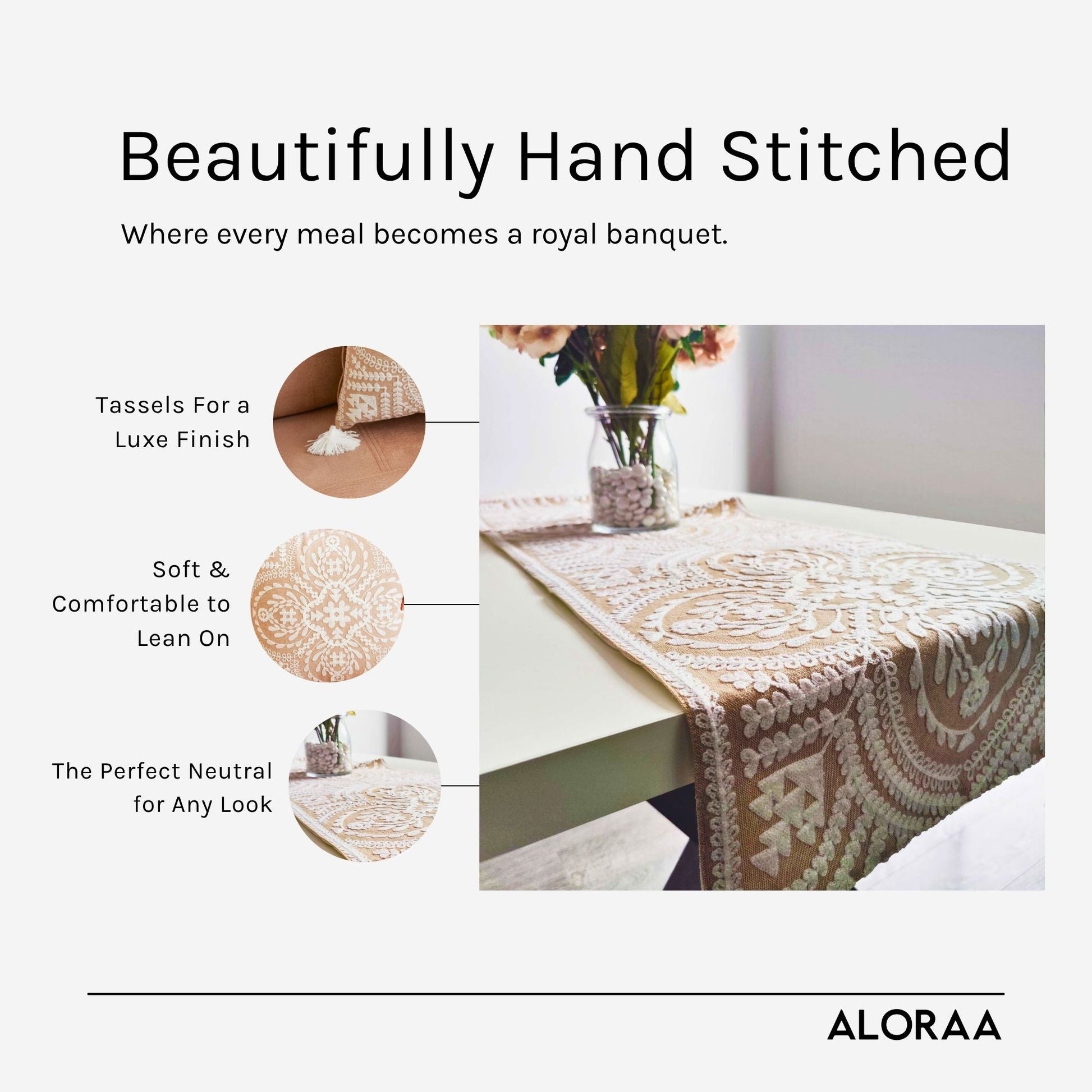Floral Embroidered Table Runner with Tassels — styled and in use | ALORAA