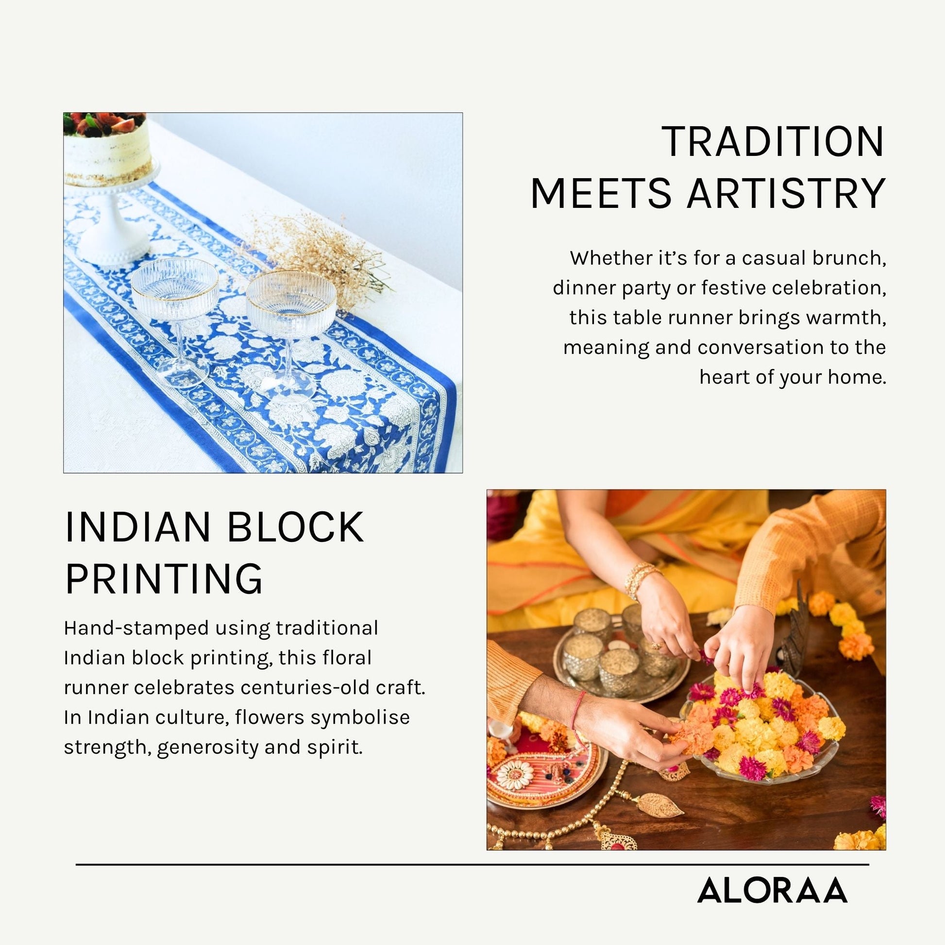 Floral Hand Block Printed Table Runner — handcrafted details and features | ALORAA