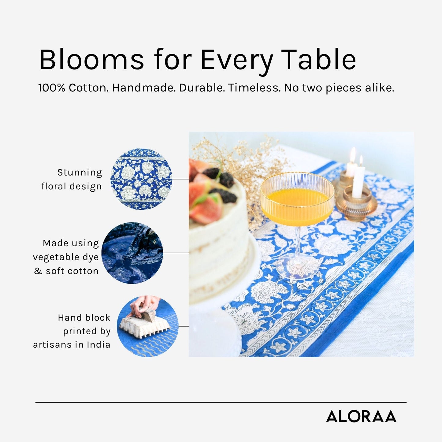 Floral Hand Block Printed Table Runner — handcrafted details and features | ALORAA