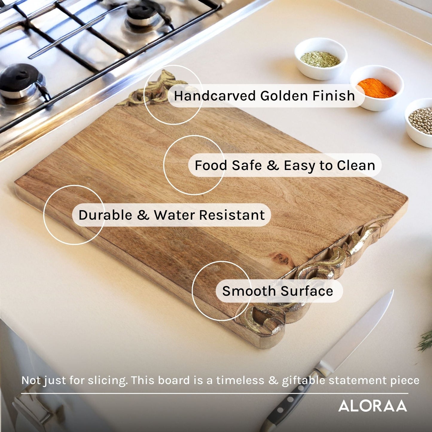 Golden Hand Carved Rustic Chopping Board — styled and in use | ALORAA