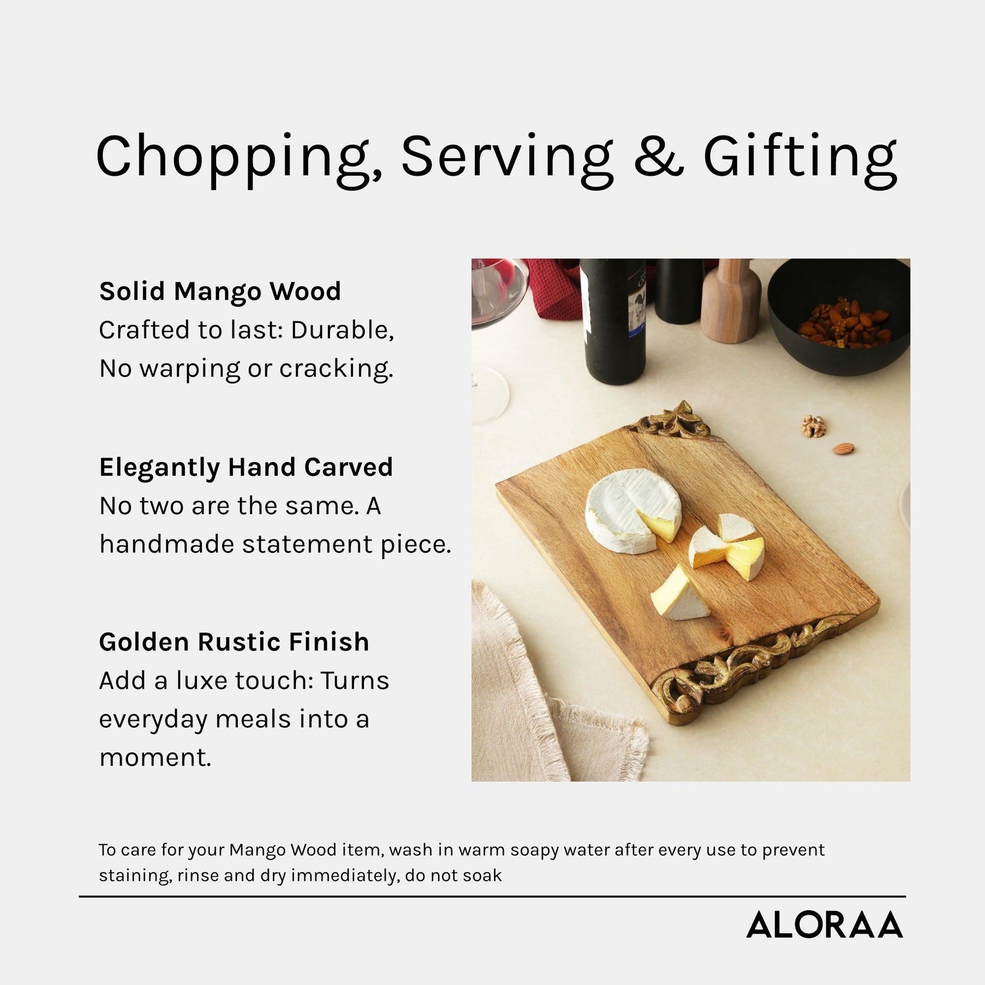 Golden Hand Carved Rustic Chopping Board — handcrafted details and features | ALORAA