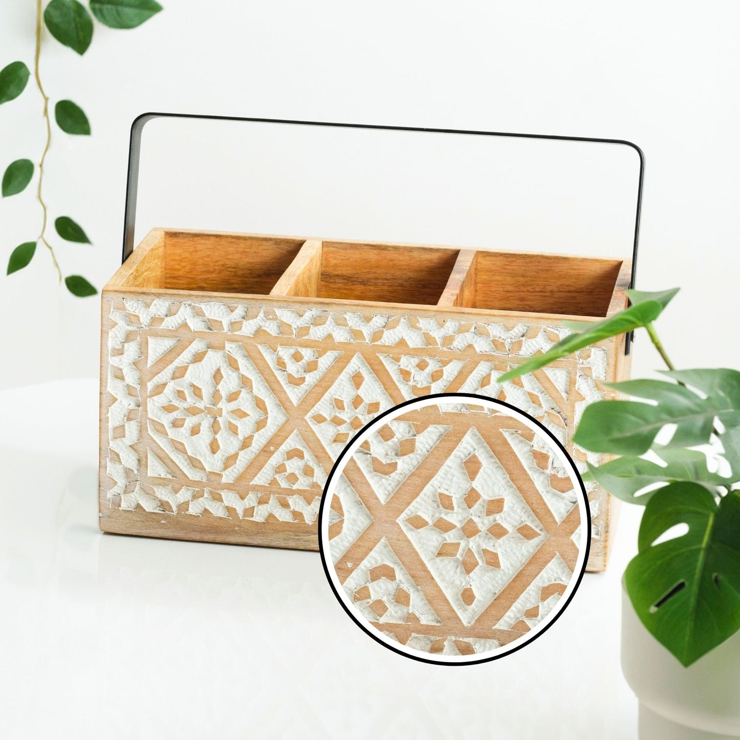 Hand Carved Decorative Stand with Handle — styled and in use | ALORAA