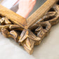 Corner detail of hand carved Jali photo frame showing deep floral relief carving in natural wood | ALORAA