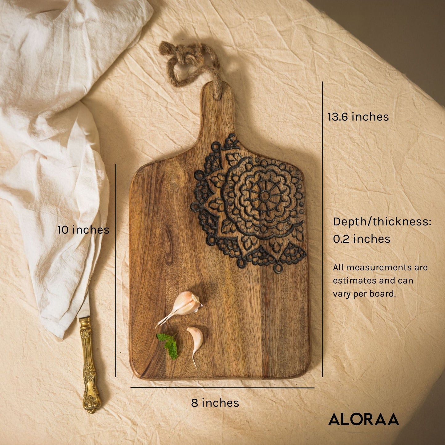 Hand Carved Mandala Chopping Board — dimensions and size guide | ALORAA