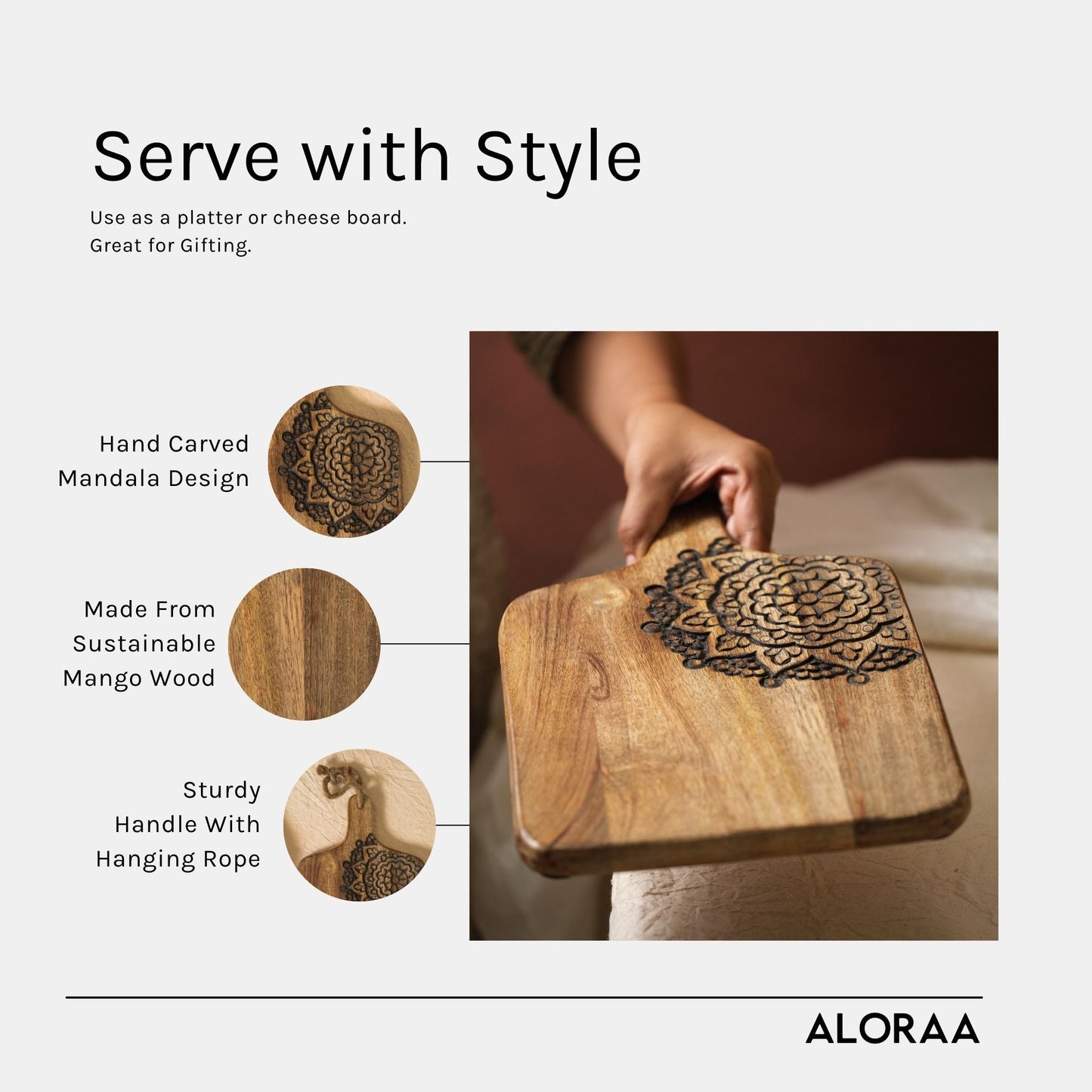 Hand Carved Mandala Chopping Board — handcrafted details and features | ALORAA