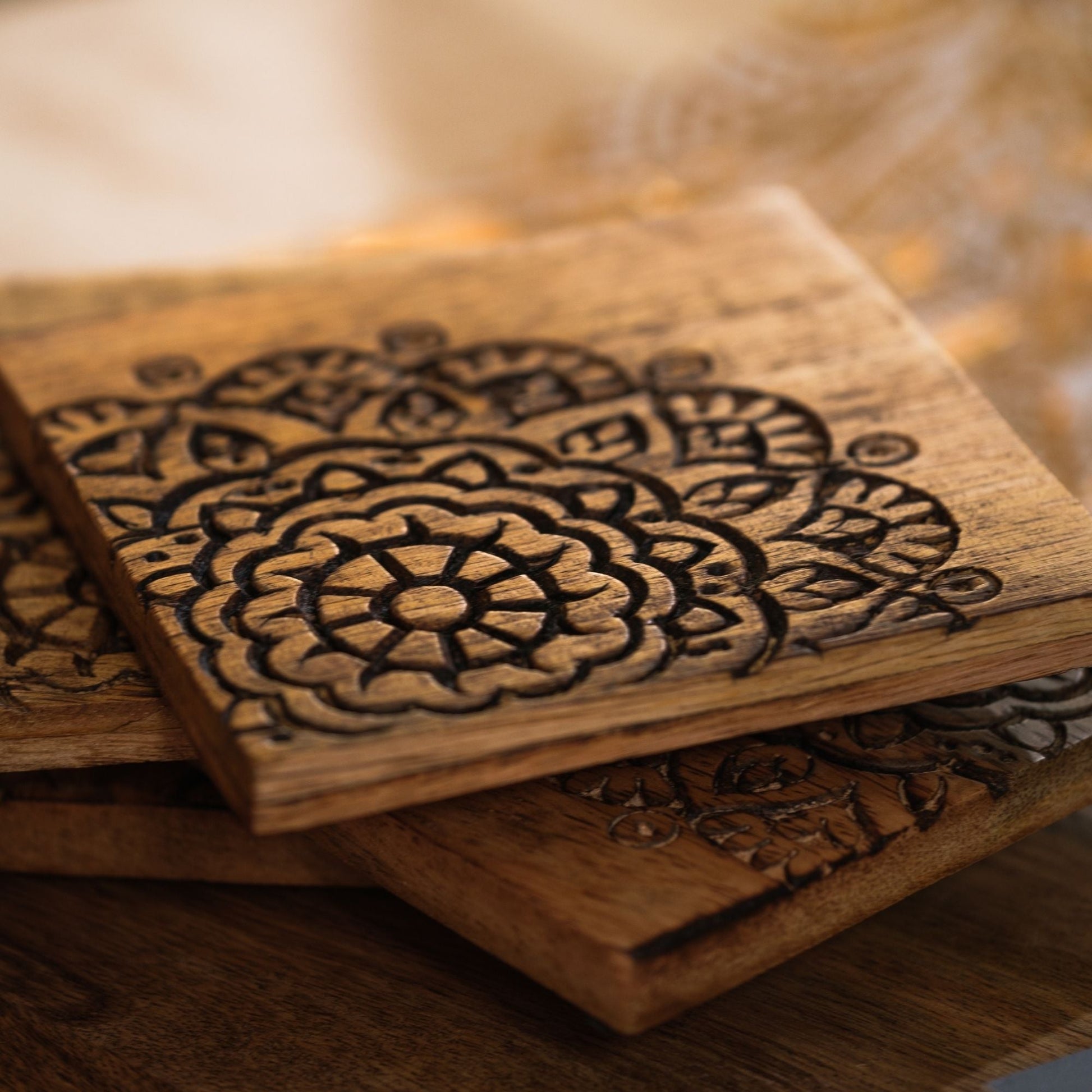 Hand Carved Mandala Coasters set of 4 — handcrafted by skilled Indian artisans | ALORAA