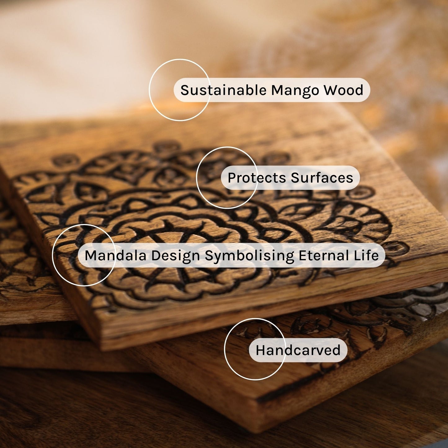 Hand Carved Mandala Coasters set of 4 — handcrafted details and features | ALORAA